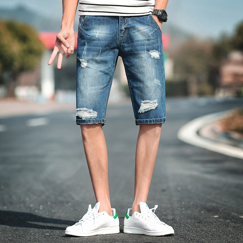破洞牛仔短裤男青年韩版潮流修身男装中裤春夏款简约休闲五分裤男