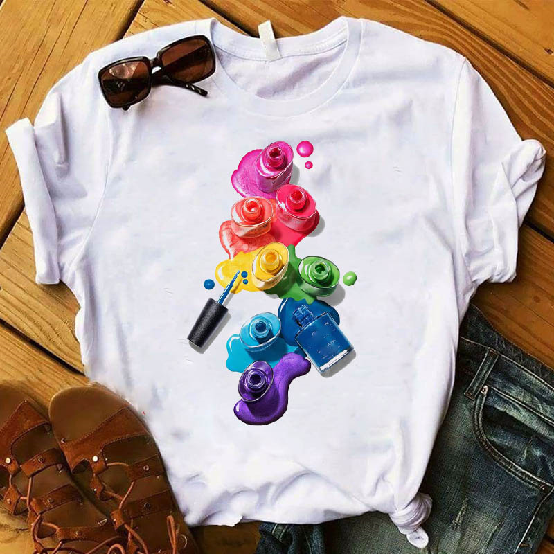 A generation of cross-border foreign trade street 3D color nail polish printing white T-shirt summer ladies round neck short sleeve
