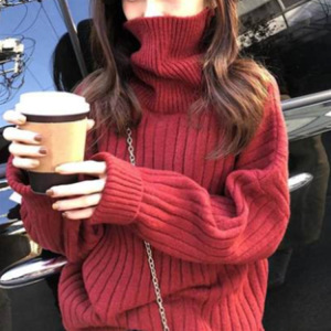 网红高领套头毛衣女秋冬精品时尚外穿慵懒风加厚针织衫红色上衣服