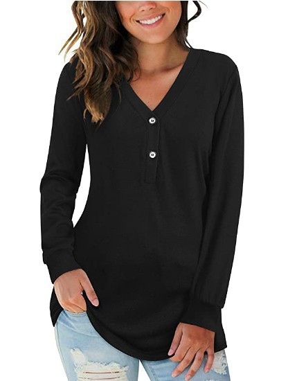 2024 Herbst grenzüberschreitendes neues Amazon eBay Langarm-T-Shirt-Oberteil mit V-Ausschnitt und Knopfdruck für Damen – Detail 4