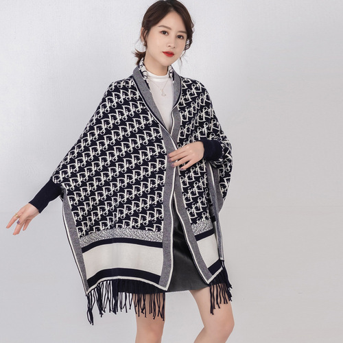 Autumn and winter knitted shawl for women with sleeves, versatile thickened warm cloak with tassels and scarf, dual-purpose cheongsam cloak