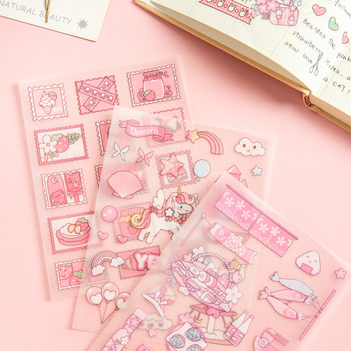 Frosted PET 4-pack sticker Pink girly heart cute cartoon pattern 4-pack flash point frosted PET pocket sticker