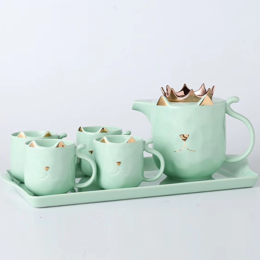 Estilo nórdico personalidad creativa corona gato cerámica botella de agua fría traje con bandeja de taza suministros de agua del hogar regalo taza de café image 1