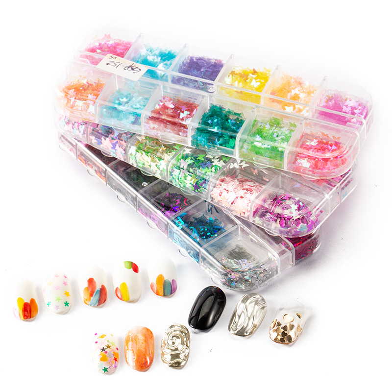 Taifei uñas caja de tira larga lentejuelas 12 rejilla caja de tira larga parche de uñas DIY uñas lentejuelas uñas traje de joyería