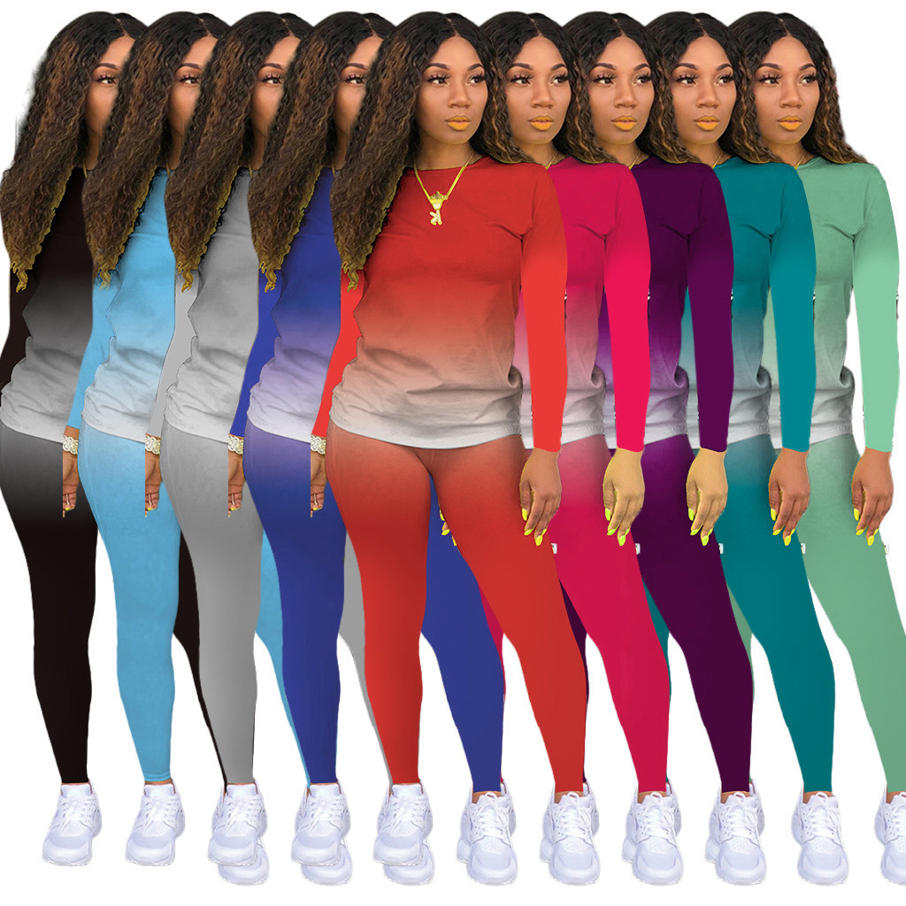 2020 Autumn Amazon Independent AliExpress Europe and America Women's wear Gradient Long sleeve trousers Home Furnishings Two piece set