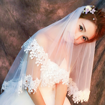 白色短款森系花卉水溶花边韩式1.5单层软纱结婚新娘头纱影楼拍照|ms
