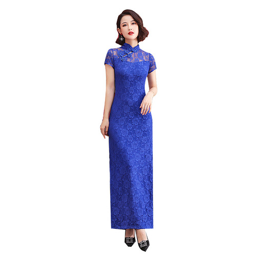 Cheongsam royal blue lace chinese dress Female Miss etquette Costume Banquet Catwalk car model Performance Costume Long Chinese Style