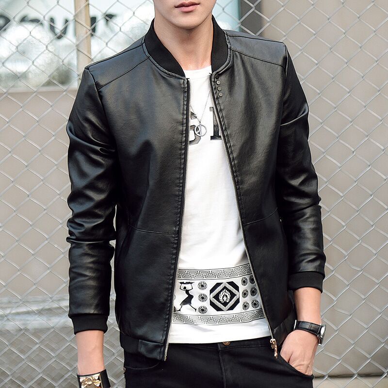 Spring and Autumn Men's Baseball Collar Solid Color Slim-fit Casual PU Leather Jacket Youth Simple Large Size Motorcycle Leather Jacket for Men