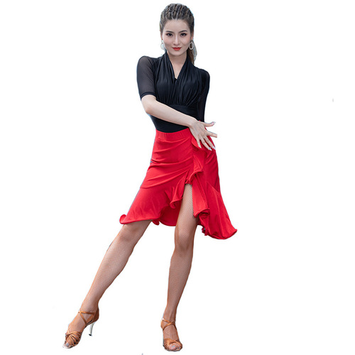 Women black red gold ruffles front split latin dance skirts stage performance rumba salsa chacha dance costumes for female