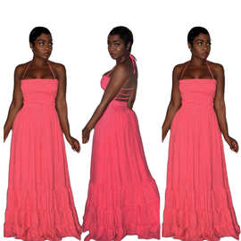 2020 跨境 亚马逊欧美女装新款纯色吊带漏背松紧褶皱腰节连衣长裙