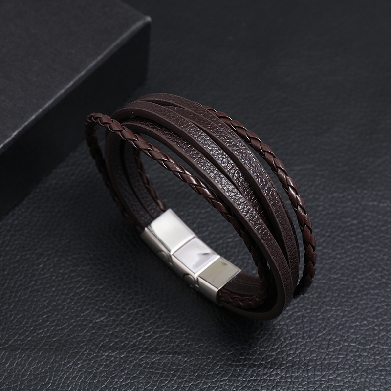 Retro Multi-layer Woven Stainless Steel Men's Leather Bracelet display picture 5