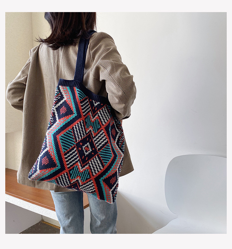 Ethnic Style Style Square Shape Medium Size Women's Ethnic Style Color Block Knit Shopping Bags