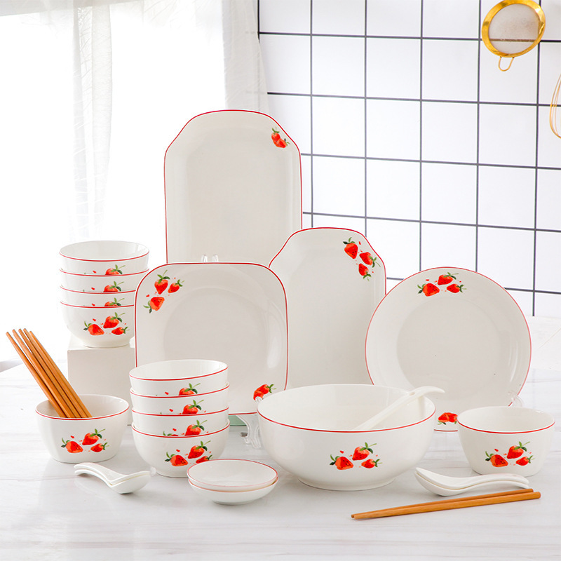 Nordic Simple Internet Red Strawberry Set Household Ceramic Plate Dishes Tableware for 4/6/8 People Nordic Simple Internet Red Strawberry Set Household Ceramic Plate Dishes Tableware for 4/6/8 People