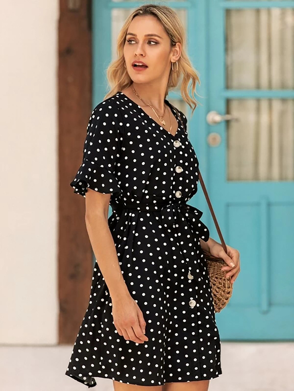 fashion chiffon dress short-sleeved waist slimming casual sweet polka-dot skirt NSDF1559