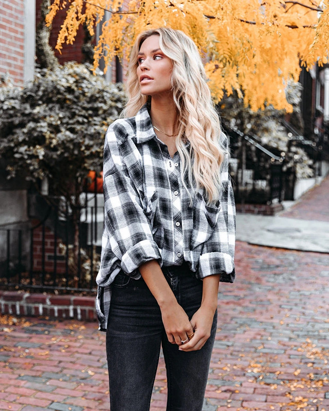 autumn and winter plaid raw edge loose casual shirt  NSYD9385