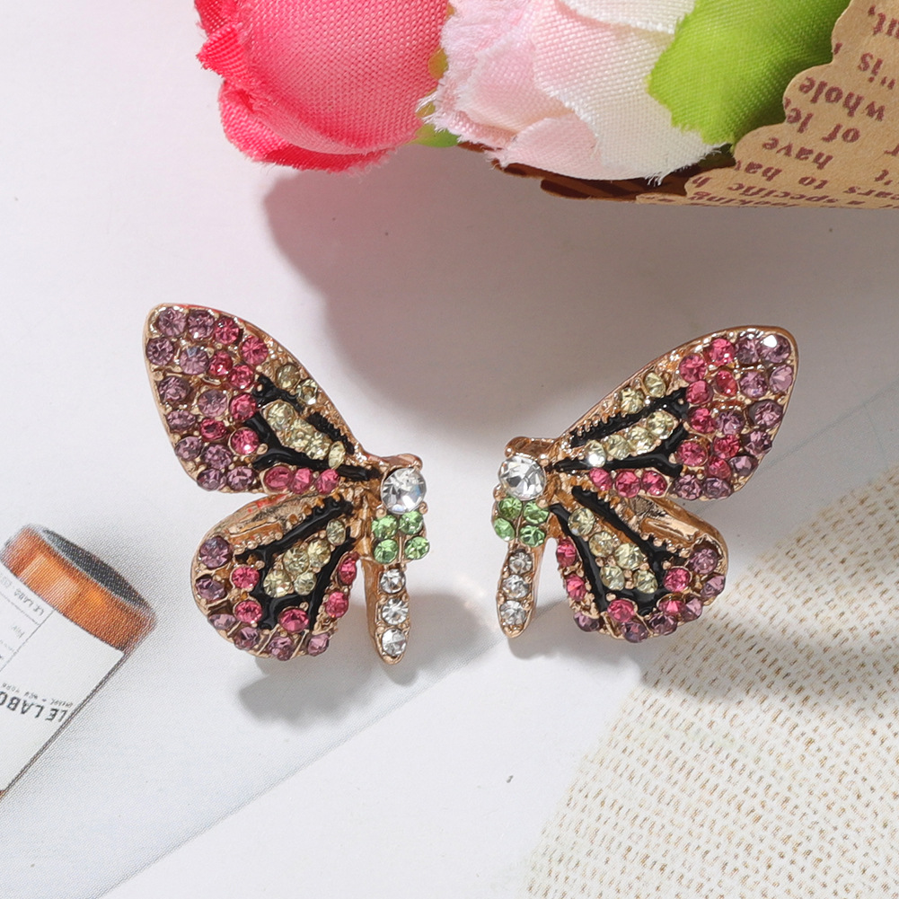 Fashion Color Diamond Butterfly Earrings Super Symmetrical Insect Color Earrings Full Diamond Wings Ear Hooks Wholesale Nihaojewelry display picture 8