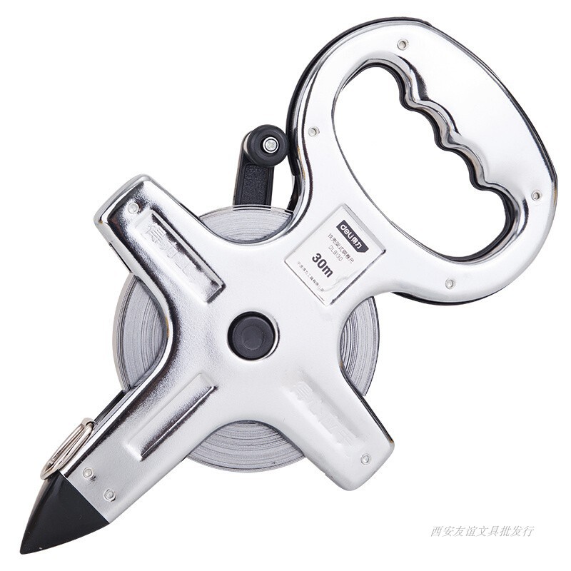 得力高精度钢架尺50米铁壳架式钢卷尺长钢带尺大卷尺手提插地尺子