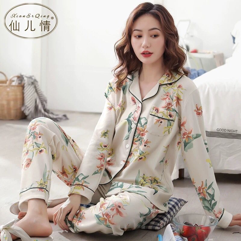 Pijamas de mamá de mediana edad Primavera y otoño de las mujeres de manga larga 100% algodón cardigan de mediana edad y ancianos más tamaño traje de desgaste para el hogar