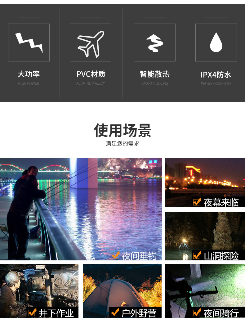 跨境专供探照灯LED强光充电手提灯消防应急户外巡逻手电筒详情2
