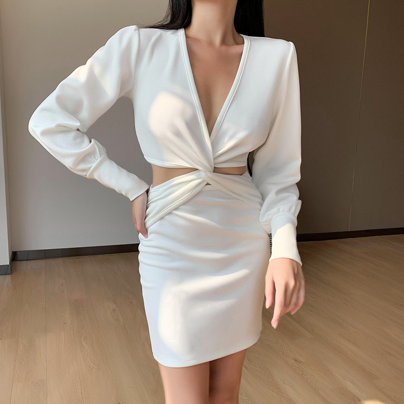 Solid Color Skirt Long-Sleeved V-Neck Puff Sleeve Top Set NSAFS102769