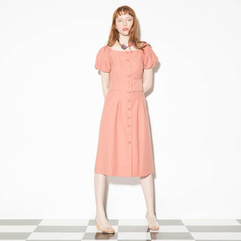 18女装新款 S.S灯笼短袖腰带开襟棉布连衣裙