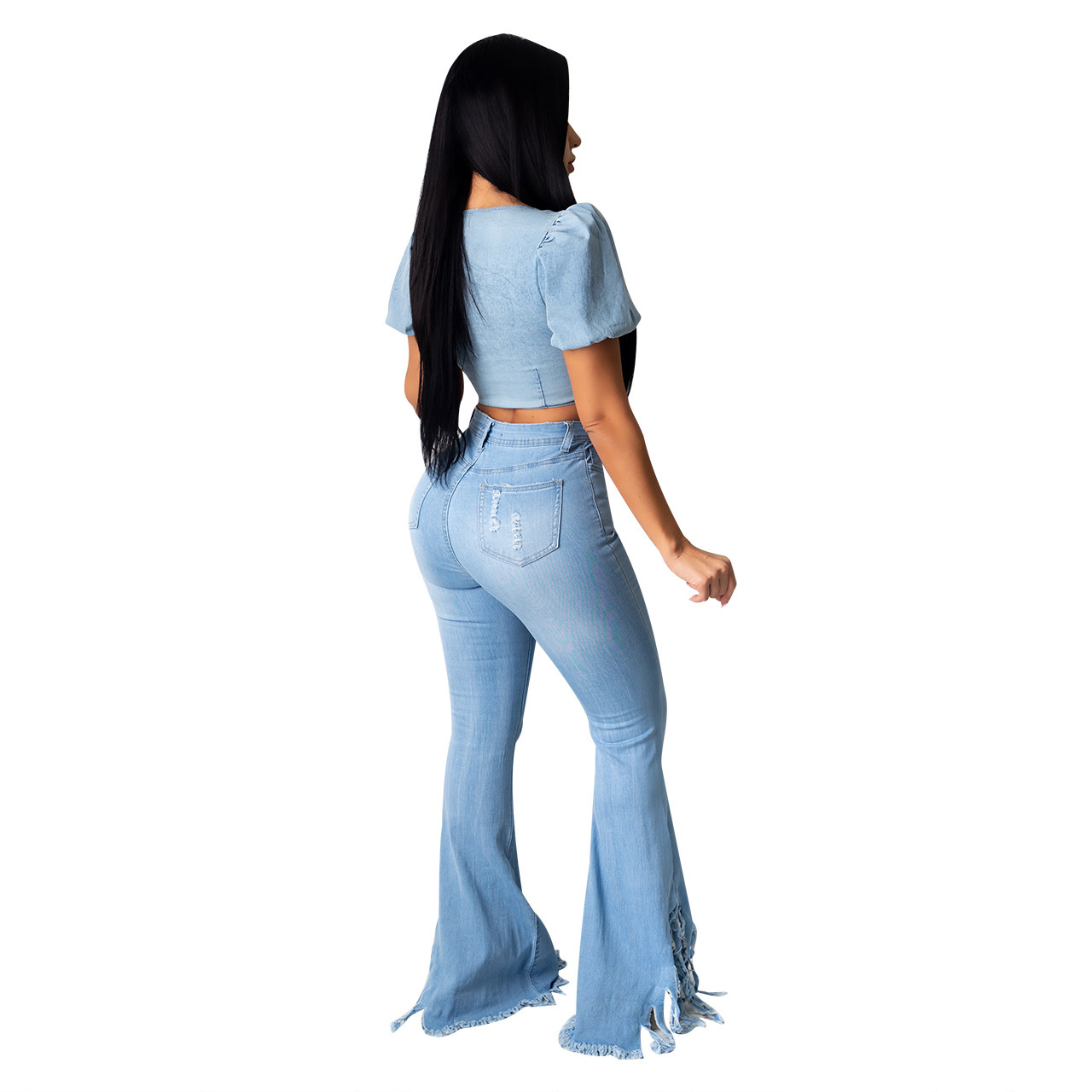 Dames high waist jeans met split en franjes in flare model_voghion.com