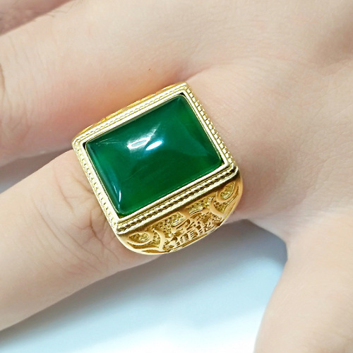 Wish hot selling imitation green jade square men's ring retro domineering green chalcedony finger ring to attract wealth and live mouth ring
