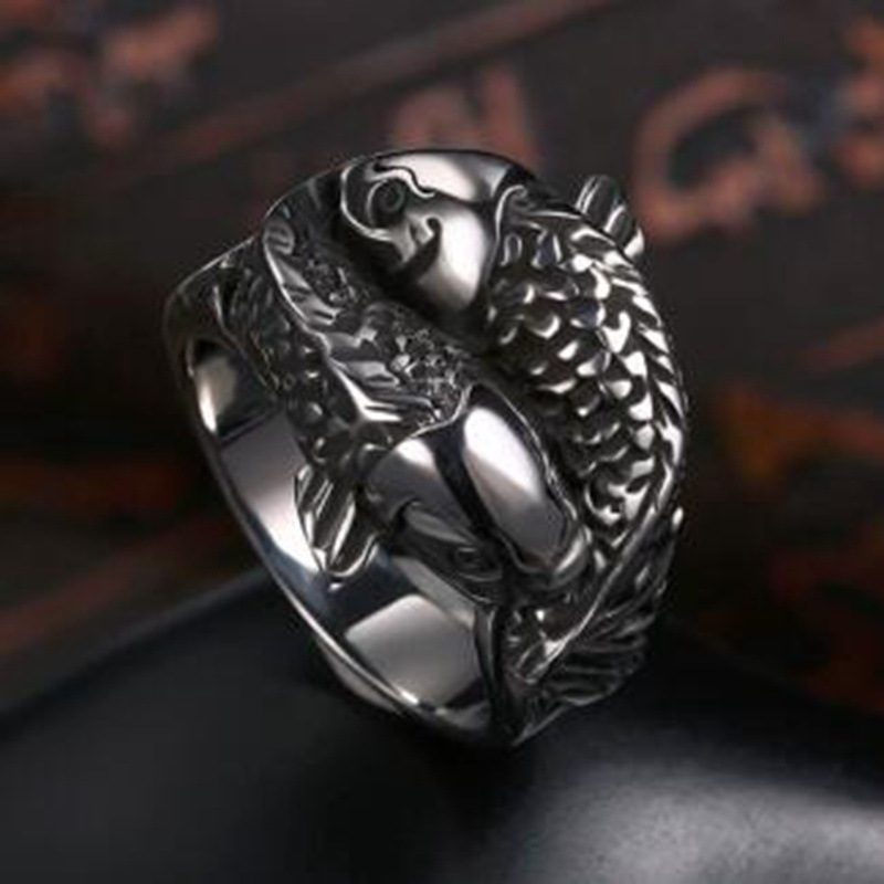 Herenmode ring van legering, dubbele visvorm, coole punkring voor mannen._voghion.com