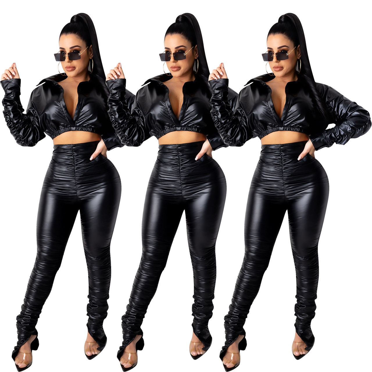 Women's Sexy Solid Color Pu Pants Sets display picture 15