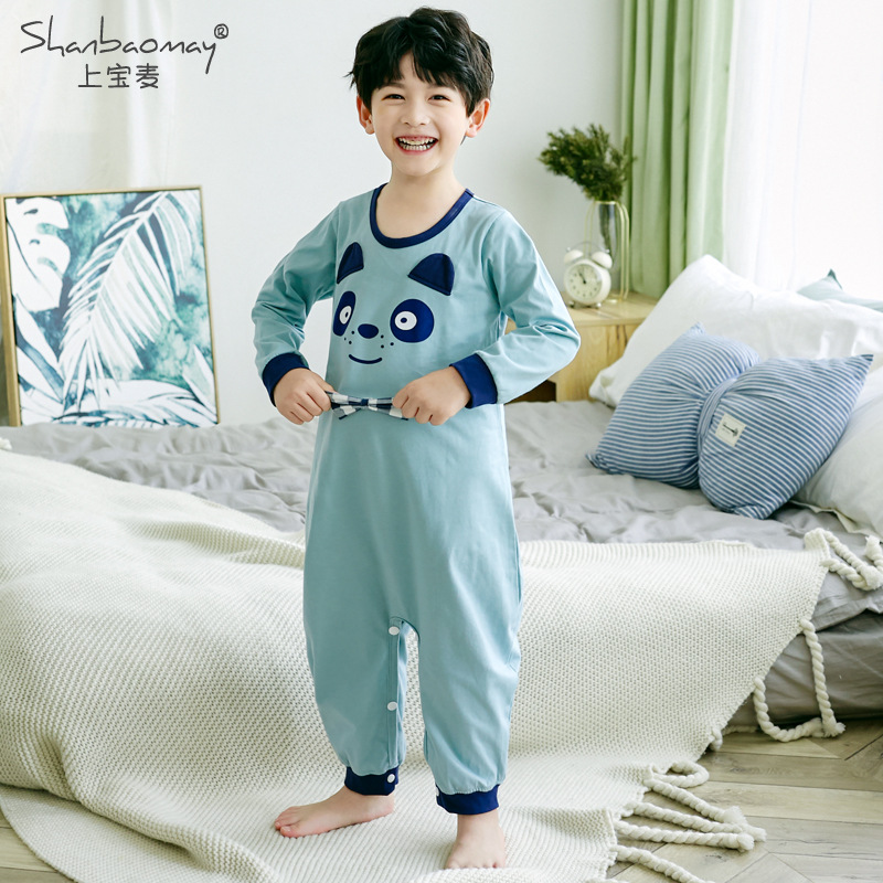 SHANGBAOMAI 가을 새로운 어린이 원피스 잠옷 긴팔 순면 얇은 원피스 잠옷 감기 예방을위한 가정 옷