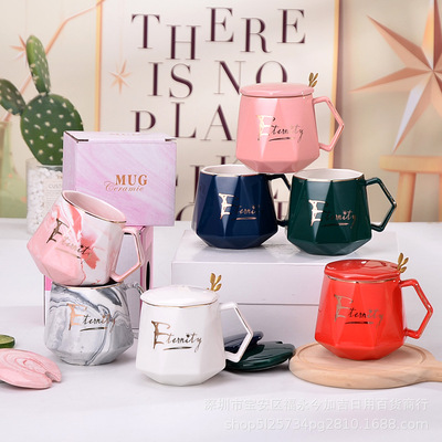 创意钻石陶瓷杯子伴手礼品马克杯大理石纹带盖勺情侣水杯定制LOGO|ms