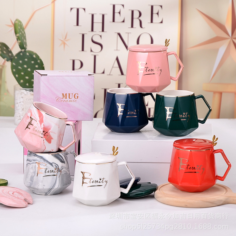 创意钻石陶瓷杯子伴手礼品马克杯大理石纹带盖勺情侣水杯定制LOGO|ms