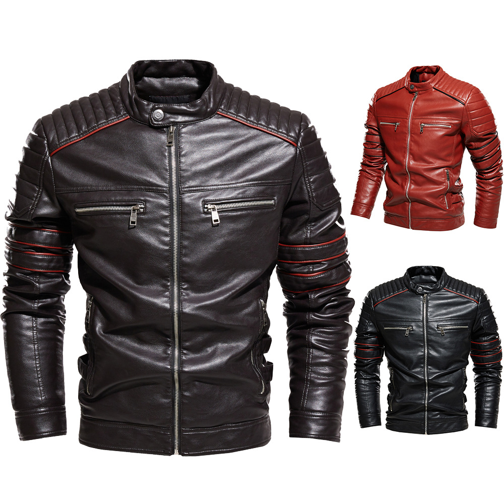 Buy quality Men's Leather Jacket 2021 British Men's Pu Jacket Stand Collar Slim Fit Motorcycle