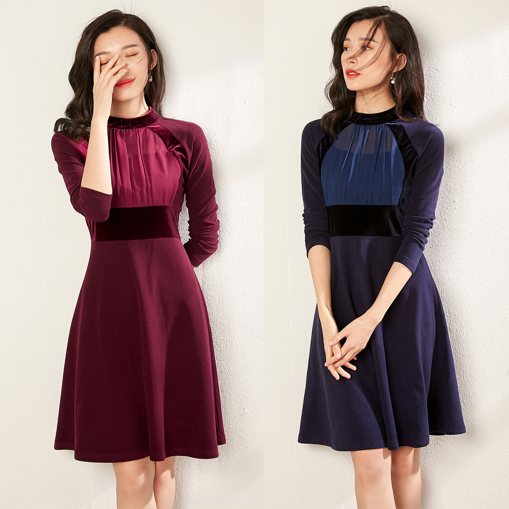 双面呢时尚淑女优雅气质修身打褶拼丝绒雪纺皱A摆秋冬女装连衣裙