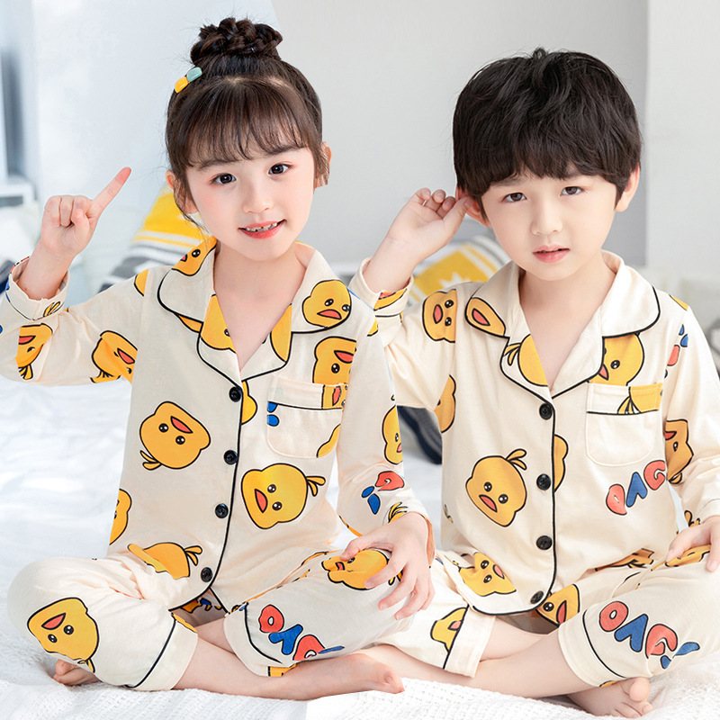 어린이 잠옷 봄과 가을 순면 소년과 소녀의 부모-자녀 가정 세트 어린이 카디건 긴팔 잠옷 얇은 여름