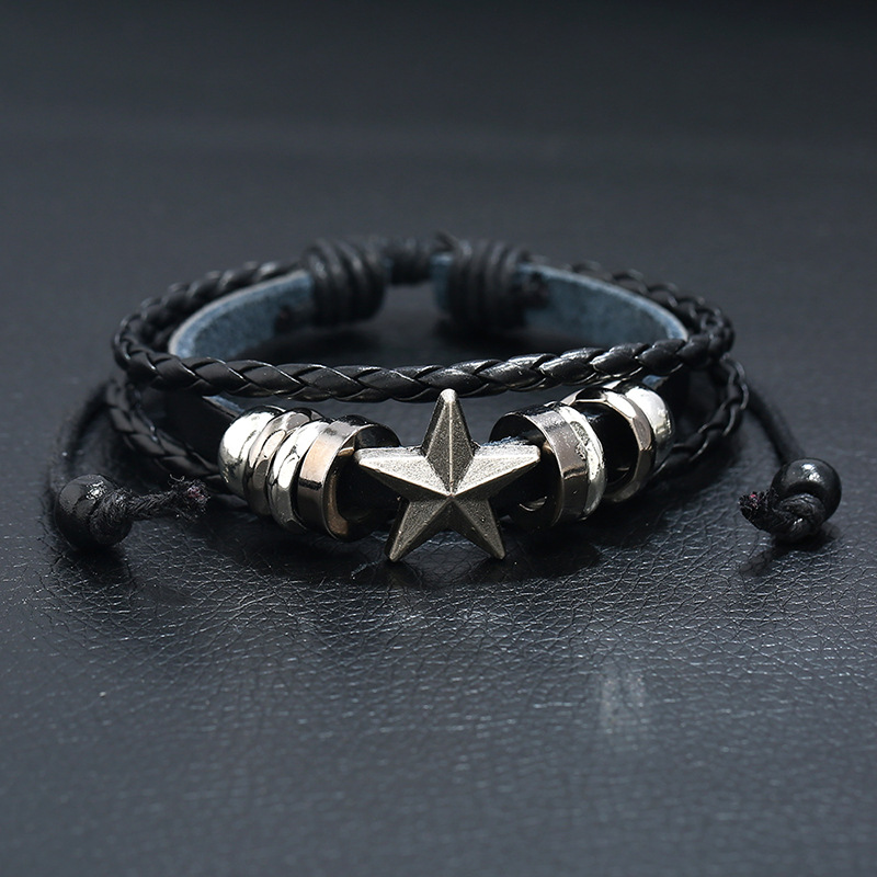 Star-shaped Beaded Leather Bracelet Woven Student Punk Adjustable Leather Bracelet Wholesale Nihaojewelry display picture 1