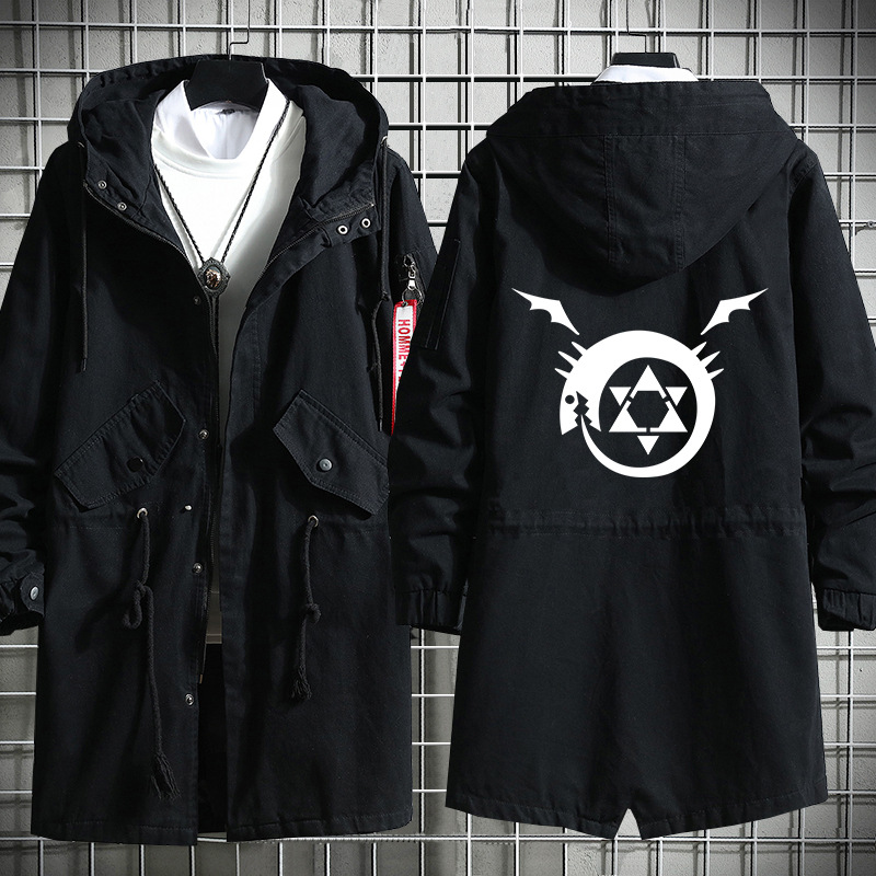 Fullmetal Alchemist Android Symbol Men's Fashion Mid-Length Fleece-Lined Autumn and Winter Coat Trench Coat