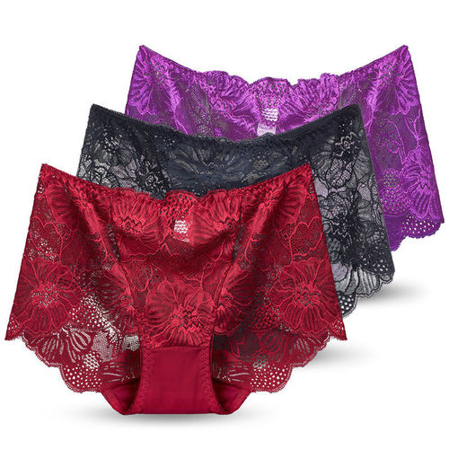 European and American foreign trade lace hollow plus fat women's mid-waist briefs sexy mesh thin breathable cotton panties for women