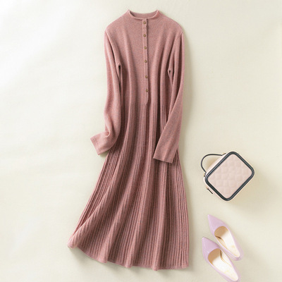 秋冬款A字版型套头毛衣裙长款半高领羊毛衫连衣裙显瘦毛衣打底衫