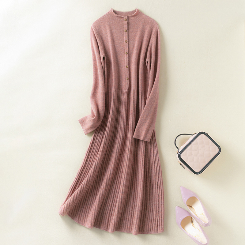 秋冬款A字版型套头毛衣裙长款半高领羊毛衫连衣裙显瘦毛衣打底衫