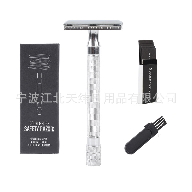 老式手动剃须刀刮胡刀安全剃刀双面刀片金属刮刀带刷子和一盒刀片-阿里巴巴