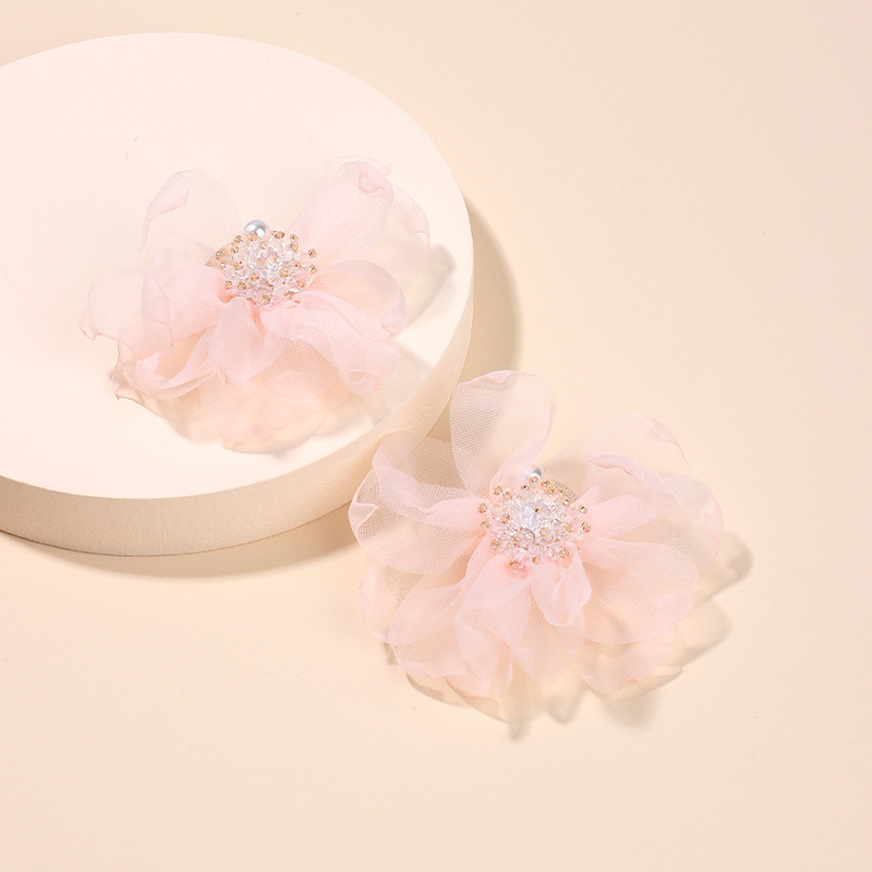 13g Weight Earrings, Ear Studs Classification Wedding, Travel Occasion Chiffon Material Flower Pattern Women'S Gender Red, Blue Color Fashion Fairy Chiffon Flower Earrings Netting Crystal Beads Flower Cloth Earrings For Women Wholesale Nihaojewelry 3