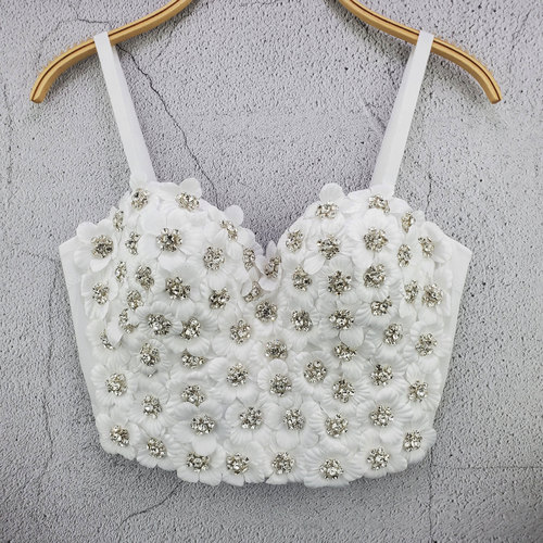 New boutique niche personality outer wear tube top handmade flower beading and diamond heavy industry small suspender top for women