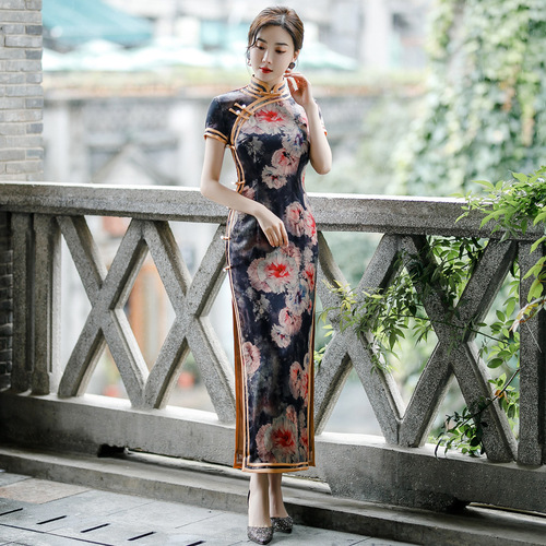 Chinese Dress cheongsam for womenCheongsam double layer long duplicate ancient style short sleeve standing collar cheongsam skirt