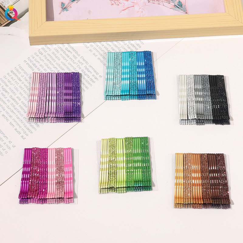 Qiyue new Korean version of glitter clip color paint hair clip metal wave Korean gold powder hair clip