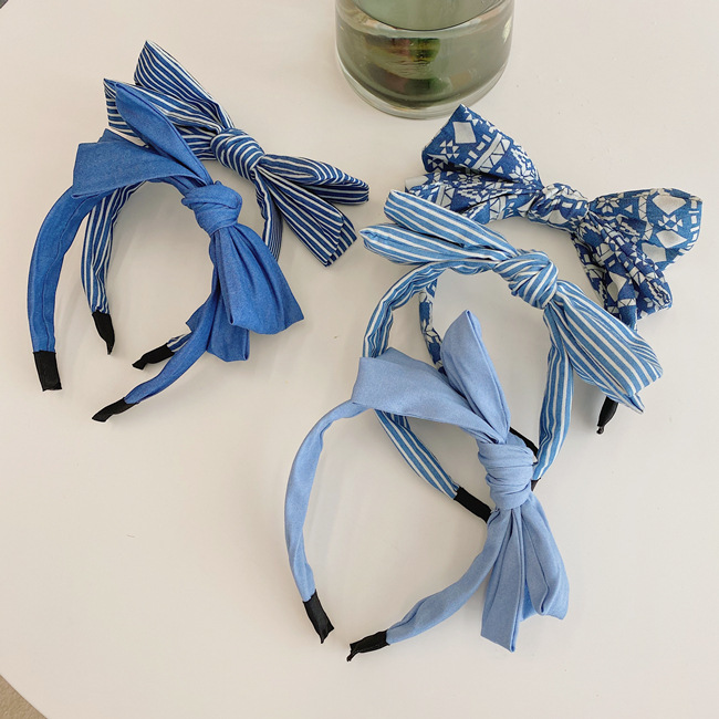 Korean Simple Double-layer Bow-knot Denim  Striped Floral Wide-brim Headband Wholesale Nihaojewelry display picture 15