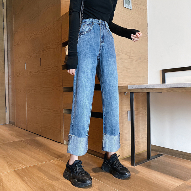 高腰卷邊直筒闊腳褲2020開春新款顯瘦韓版寬松複古色牛仔褲子女