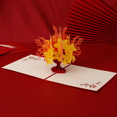 3D創意火仙花立體紙雕廠家定制镂空制作賀卡祝福請柬定做批發
