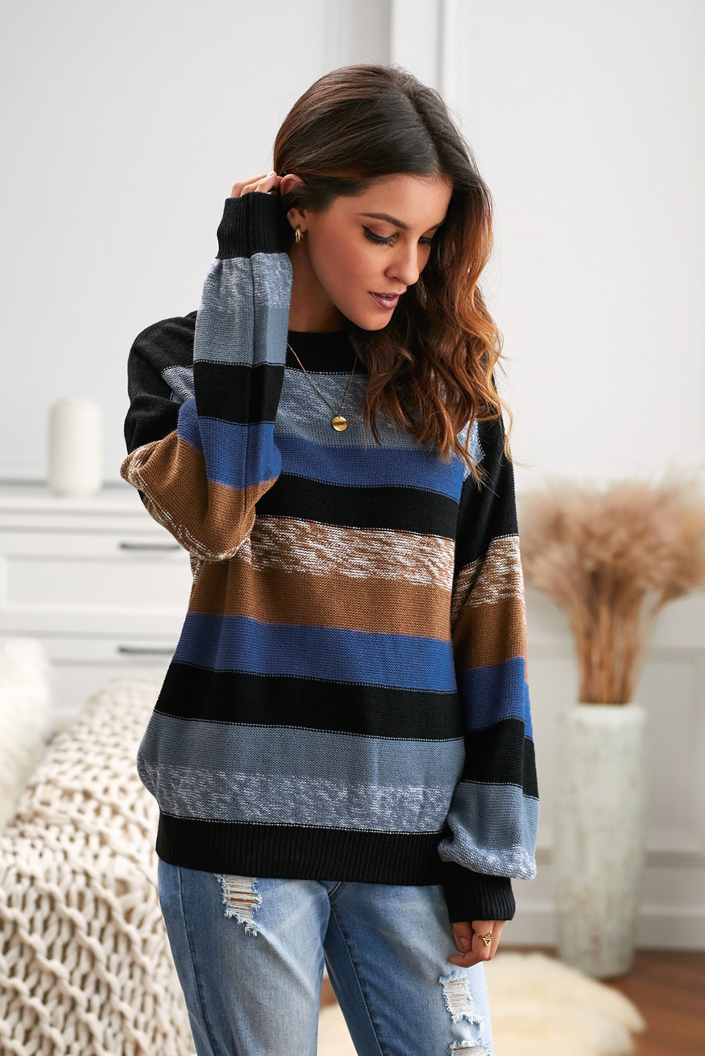 stripes hit color long-sleeved round neck casual knitted sweater  NSSI10374