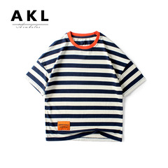 Summer Korean Version New Boys' Short-Sleeve Shirt T-Shirt for Middle and Big Kids, Knitted Striped Label Top, Children's Short-Sleeve Wholesale